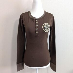 NWT Vintage Von Dutch Brown Grunge Junk Yard Henley Long Sleeve Shirt | Size XS